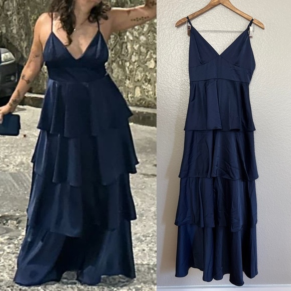 NWOT Going with Elegance Navy Blue Satin Tiered Maxi Dress - Picture 3 of 9